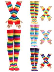 1 Set Knitted Rainbow Striped Leg Warmers & Gloves Set, Fashionable Creative Style, Skin-Friendly & Soft, Fits Teens & Women, Suitable For All Seasons - Multicolor - View 3