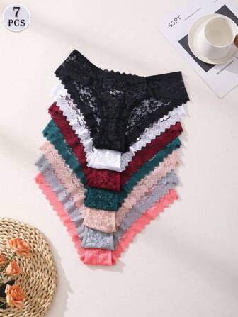 7 PCS Women's Sexy Lace Splicing Bikini Panties Low Waist Seamless Triangle Briefs Hollow Out Comfortable And Breathable Lingerie Underwear