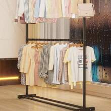 2段式クローゼットラック、スタンディングワードローブハンガー、省スペースの寝室用ラック、簡単組み立て、2段階金属製ハンガー  ドレス、パンツ、靴、ジーンズ、ブーツ、スカート、春夏シーズンのミニマリストトップス - ベージュ - チェックする 4