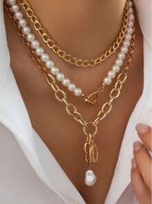 3 pièces set de pièces de monnaie métalliques à la mode, têtes de beauté, boucles OT, collier pendentif en forme de cœur, ensemble de chaîne multi-couches simple avec perles pour le collet, ensemble de bijoux pour femmes, bijoux d'été pour la plage, convient pour les fêtes, les cadeaux aux amis et à la famille, le port quotidien