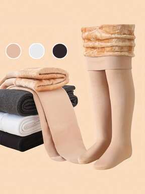 Girls' 200g Thermal Lined Tights, Solid Color Opaque Pantyhose For Autumn/Winter