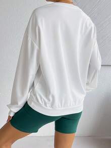 印花 Y2K 风格女式羊毛衬里套头衫，带 MIAO 印花 - 休闲长袖圆领上衣，可机洗 - 白色 - 查看 2