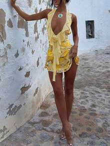 女士性感V领荷叶边网纱露背印花迷你沙滩裙，时尚度假风夏季派对优雅装扮 - 黃色 - 查看 5