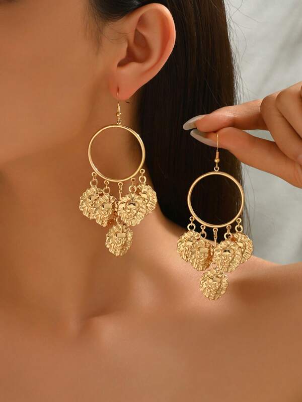 1 par de pendientes de mujer estilo punk hiphop, pendientes largos vintage con cabeza de león exagerada y múltiples colgantes circulares, para uso casual diario, festivales, fiestas y accesorios versátiles