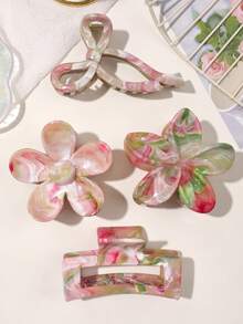 4件套波西米亚甜美粉绿渐变大理石纹理蝴蝶结鸡蛋花方形花朵发夹，沙滩配饰时尚发饰花朵爪夹休闲发爪秋冬度假装扮女士夏季 - 彩色 - 查看 4