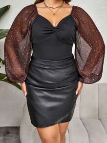 Women's Autumn Plus Size Tops Female Black Long Sleeve Low Cut Mesh Patchwork T-Shirts