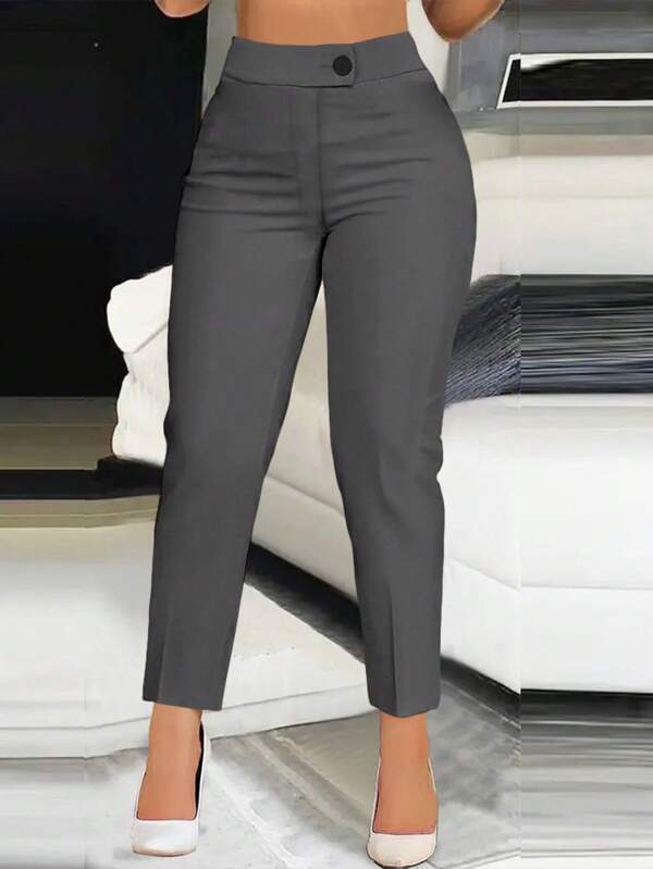 Women's Solid Color Pleated Button Zip Closure Casual Pants