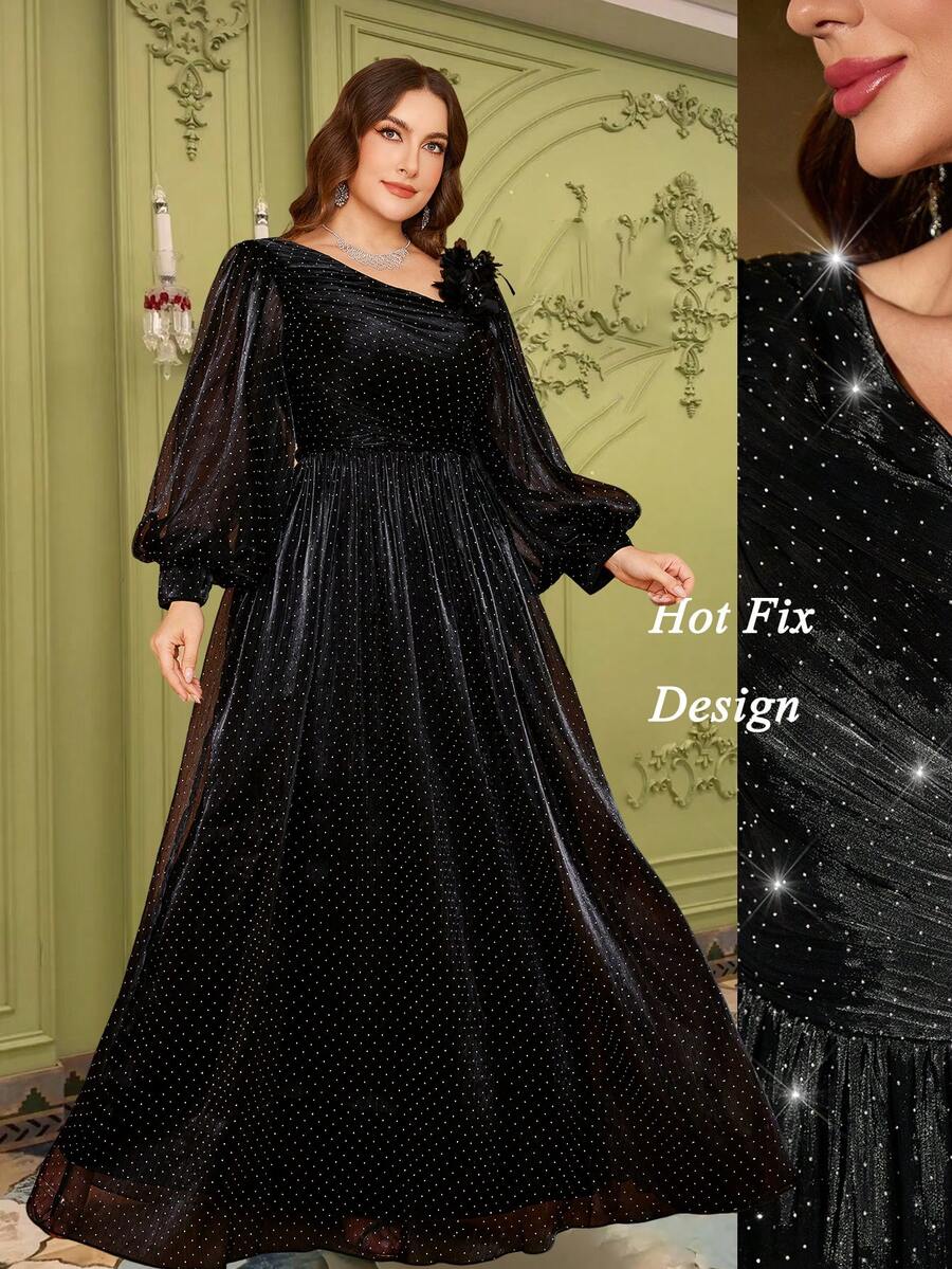 SUPGIR [Random Cut] Elegant Sweetheart Neck Ruffle Sleeve Sequin Embroidered Floral Maxi Formal Dress - Black - View 1