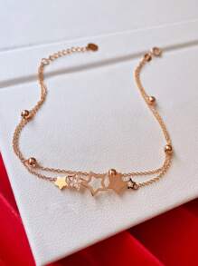 1 pieza Pulsera de cadena de doble capa con estrella de cinco puntas de zirconia cúbica elegante de plata esterlina S925 original, adecuada para uso diario, festivales, fiestas, regalo de joyas para mujeres