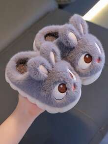 1 par de zapatillas lindas de conejo de dibujos animados para niñas, adecuadas para uso en interiores de niños pequeños, otoño/invierno - Gris - Ver 3