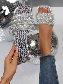 Sandalias tipo diapositiva de playa versátiles con puntera cuadrada, adorno de diamantes de imitación y perlas, de lujo y antideslizantes, para mujeres de talla grande, modelo 2025