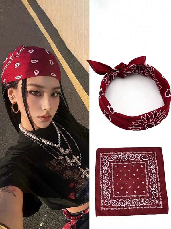 1 szt. Y2k Styl Cosplay Szalik Na Włosy Nadruk Bandana Kobiety Czerwony Szalik Bandana Punk Kwadratowe Bandany Nakrycia Głowy Czeski Chusta Na Głowę Opaski Na Włosy Akcesoria Do Włosów Modny Owijka Na Głowę Boho Opaski Do Włosów