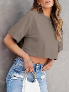 Tankaneo Women Crop-Shirts Half Sleeve Drop Shoulder Cropped Tops Y2K Casual Summer Basic Tees - Coffee - View 3
