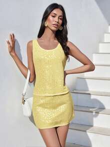 Conjunto de Top Sin Mangas y Falda Mini Ajustada de Lentejuelas para Mujer, Cuello Redondo, Delgado para Fiestas y Clubes de Verano - amarillo claro - Ver 2