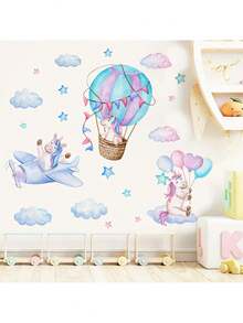 卡通风格独角兽兔子热气球墙贴儿童房可爱装饰贴纸婴儿房装饰墙贴 - 彩色 - 查看 5