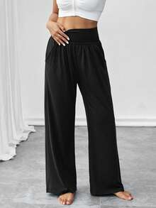 1 pieza Pantalones largos de mujer versátiles y casuales de estilo deportivo, de cintura alta, cómodos, holgados y de pierna ancha - Negro - Ver 6