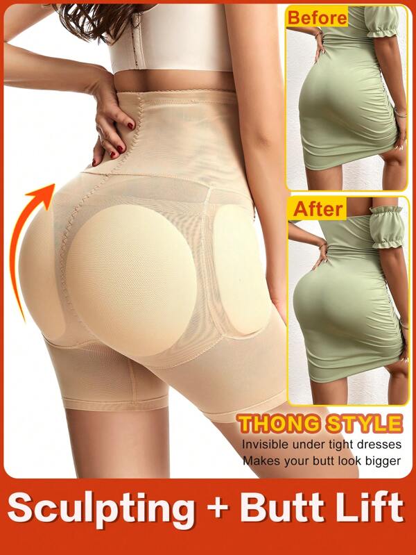 Women's High Waist Body Shaper Shorts - Padded Butt Lifter, Tummy Control Seamless Shapewear With Removable Foam Pads For Hips Enhancement