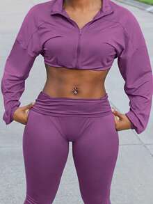 Steph T Bộ 2 món áo crop top cạp chun và quần bó cạp cao phong cách đường phố dành cho nữ - Màu tím - Xem 7