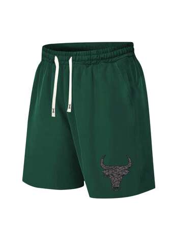 夏季新款男士短裤公牛图案印花休闲运动健身跑步浪漫约会松紧腰抽绳裤户外露营男式五分裤