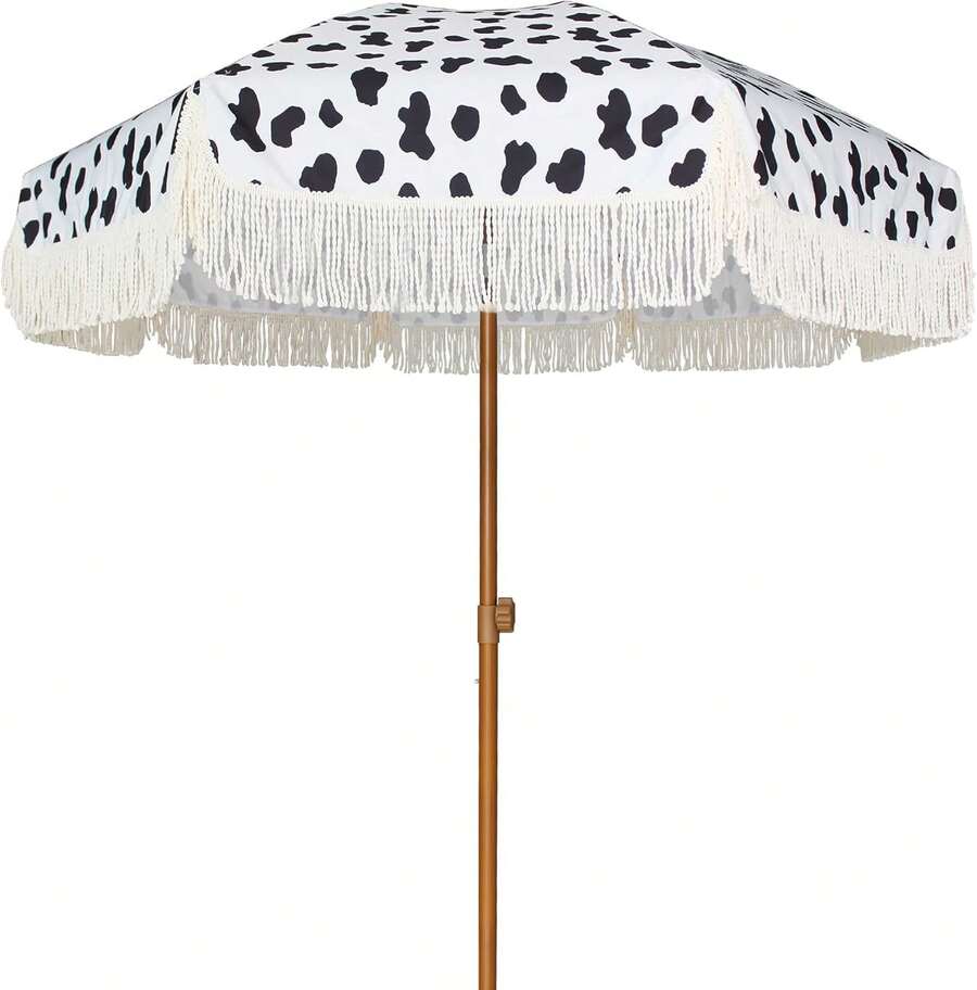 7ft Patio Umbrella With Fringe Outdoor Tassel Umbrella UPF50+ Premium Steel Pole And Ribs Push Button Tilt, Cow Polka Dots - Multicolor - View 1