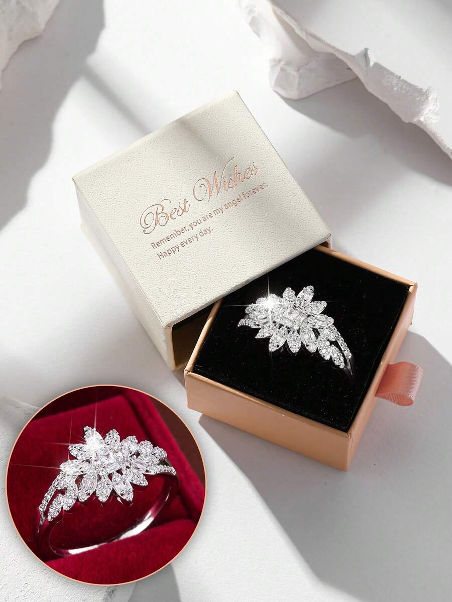 Kotak Hadiah Cincin Bunga Matahari Emas Mewah dengan Batu Zirkonia Kubik, Cocok untuk Pakaian Pernikahan, Pertunangan, dan Hadiah Liburan Wanita - Perak - View 1