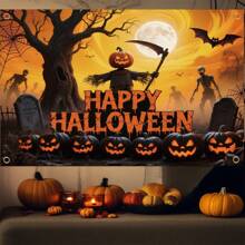 Halloween Backdrop Colorful Spooky Pumpkin Scarecrow Bat Dead Tree Skeleton Pattern Halloween Wall Banner