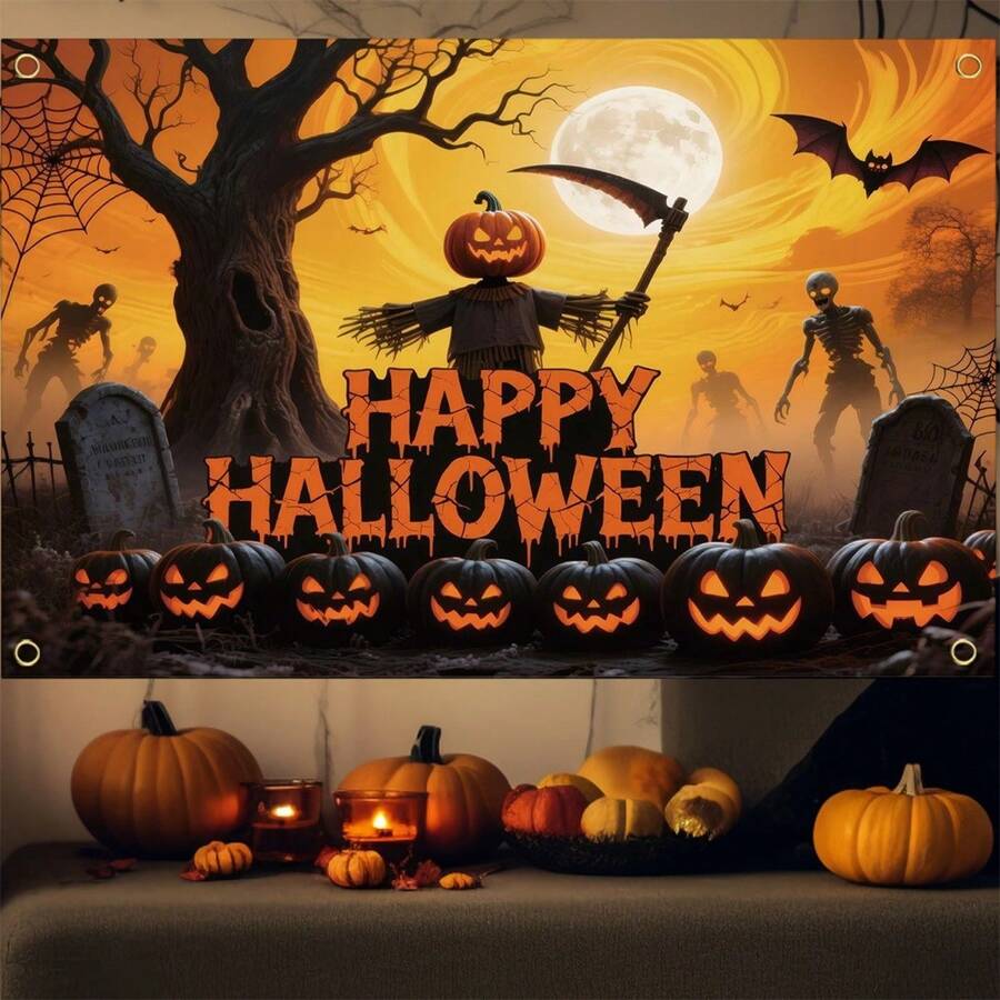 Halloween Backdrop Colorful Spooky Pumpkin Scarecrow Bat Dead Tree Skeleton Pattern Halloween Wall Banner