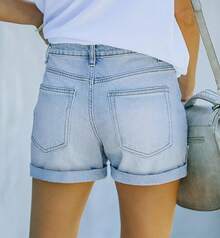 CHICZONE Womens Mid-High Rise Ripped Jean Shorts Distressed Stretchy Shorts - #54 淺藍色 - 查看 4