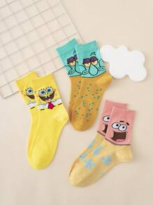 SPONGEBOB 3 Pairs Interesting Personalized Cartoon Cute Multi-Color Jacquard Spongebob Octopus Face Pattern Mid-Calf Socks, Sports Style, All Season, Euro-American Size, Comfortable Breathable , Rich Colors, Suitable For Daily Wear, Premium Fabric, Non-Smelly