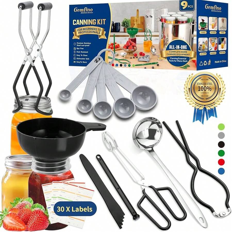 Glow HavenCanning Supplies Starter Kit,Canning Kit Beginners Of 9 With Jar Lifter,Wide Mouth Funnel,Wrench,Tongs,Lid Lifter,Bubble Popper,Canning Labels,Ladle,Measuring Spoon-Blue - 黑色 - 查看 1