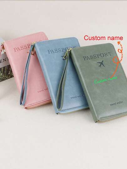 Customized Text LOGO Solid Color RFID Blocking Passport Holder, Multi-Functional Ticket Wallet With Zipper And Wristband For Travel Credit Card Pouch