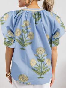 Women Floral Peplum Tops Flutter Short Sleeve V Neck Tie Front Ruffle Boho Tank Patchwork Babydoll Top Y2k Blouse - 藍色 - 查看 2