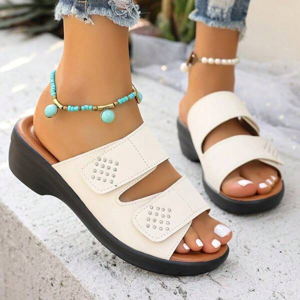 Women's Platform Wedge Sandals, Women's Solid Color Metal Chain Decor Thick Sole Fashionable High-End Stylish Comfortable Non-Slip Sandals, The Best Choice For Ladies