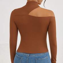Women's T-Shirt Blouse Suplex Fabric Long Sleeve High Neck Asymmetrical Cut Ideal For Meetings And Casual Use - 鏽棕色 - 查看 2