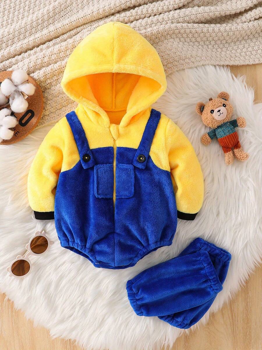 Infant Baby Boy Girl Halloween Costume Animal Fuzzy Fleece Long Sleeve Hooded Zipper Romper Leg Warmers Cosplay Outfit - Yellow - View 1