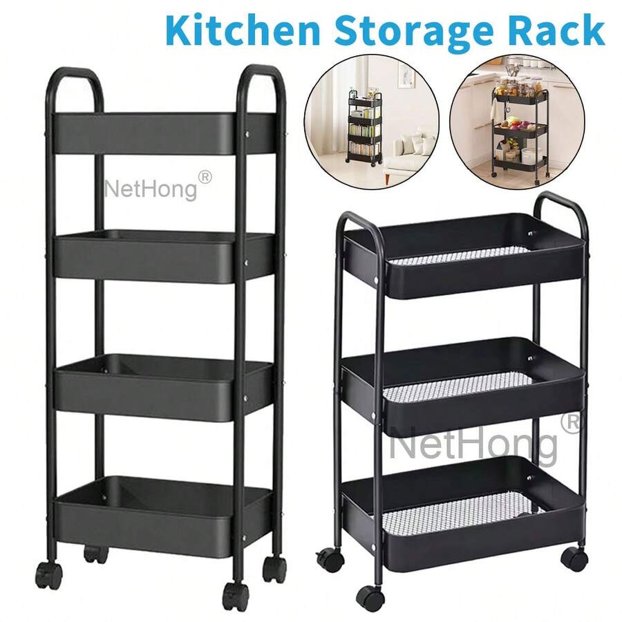NetHong 3/4Tier Storage Trolley Cart Wheels Kitchen Bathroom Laundry Narrow Space Rack - Black - View 1