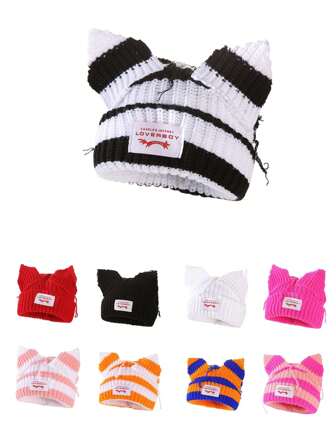 猪耳朵时尚针织帽，温暖双层柔软无檐帽，男女通用，180克