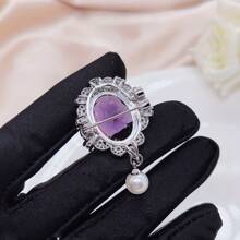 Women's Luxury Oval Purple Zirconia Faux Pearl Brooch Necklace Set