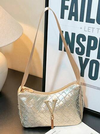 New Summer Women Crescent Shoulder Bag - Fashion Gold Woven Embossed Fabric, Zipper Closure, Golden Hardware, Polyester Lining, Suitable For Daily Use As Underarm Wallet, Elegant Handbag, Essential For Festivals