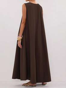 Women's Summer Long Tank Dress Solid Color Sleeveless Scoop Neck Ruched Wide Shoulder Loose Dress - 棕色 - 查看 7
