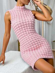 Vestido Corto sin Mangas dama mujer en textura Cuello Semi-Alto Primavera Veranocomodo ajustable fresco ligero casual formal versatil - Rosa - Ver 3