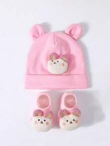 1 طقم قبعة و جوارب وردية محشوة كرتونية طفلية (2 قطعة)، شريط رأس مرن، ناعم ومريح للاطفال الصبيان والبنات، للارتداء الخارجي الكاجوال، بأسلوب عصر الألفية الجديدة