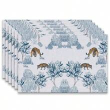 Set de 4 o 6 individuales, decoración del hogar, individual de lino estilo moderno de porcelana azul y blanca impresa, adecuado para mesas de comedor, decoración versátil de temporada en primavera, verano, otoño e invierno, individual de mesa lavable de estilo moderno, resistente al calor, resistente a las manchas, decoración de habitación, individual, posavasos, individual de mesa de cocina, decoración de fiesta, decoración del hogar, regalo ideal