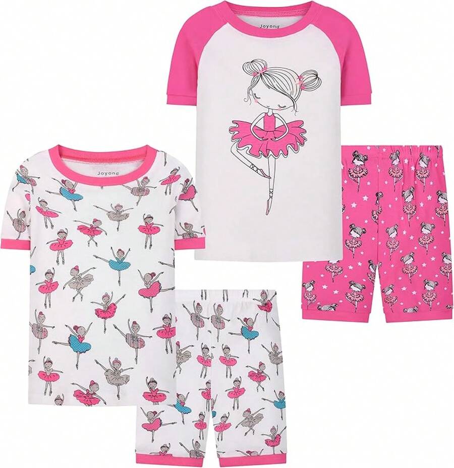 Girls Pure Cotton Summer Pjs Size 2T-14Years, Little Girls Short Sleeve 4-Piece Sleepwear Kids Toddler Pajamas Set - trắng - Xem 1