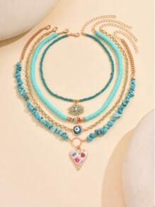 1 Set New Turquoise Polymer Clay Beaded Necklace, Fashionable Seed Bead & Eye Pendant Choker Necklace