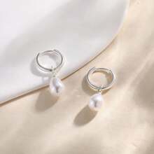 1 Pair Stainless Steel Waterproof And Non-Fading Stylish Women's Gold/Silver Water Droplet Pearl Hoop Earrings, Suitable For Women's Daily Wear
