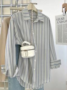 Women's Autumn/Winter New Striped Shirt, Regular Fit, Versatile Color, Button Front, Loose Shirt Collar, Comfortable, Casual, Commute, Suitable For Daily Casual Wear, Autumn/Winter Versatile Base Layer Shirt