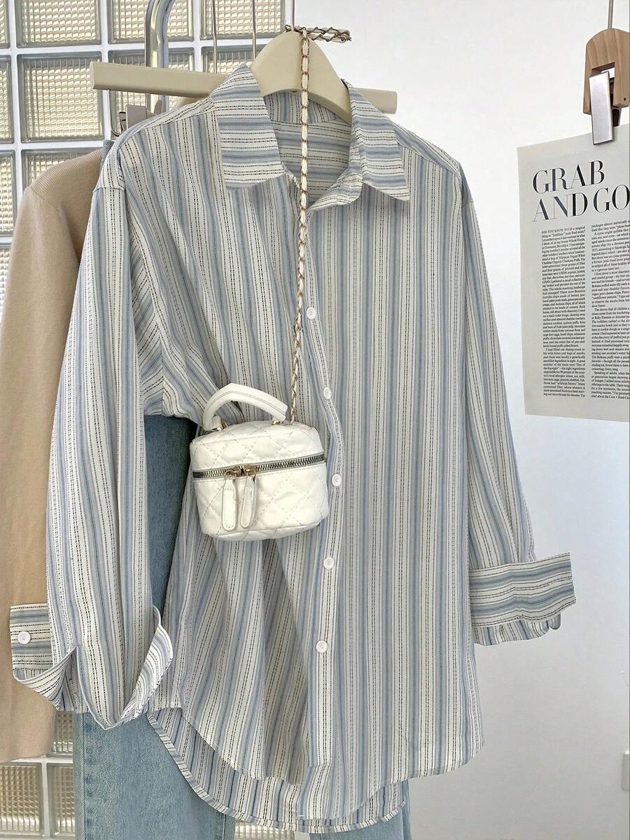 Women's Autumn/Winter New Striped Shirt, Regular Fit, Versatile Color, Button Front, Loose Shirt Collar, Comfortable, Casual, Commute, Suitable For Daily Casual Wear, Autumn/Winter Versatile Base Layer Shirt