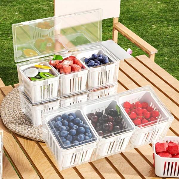 1 série de boîtes de rangement pour aliments avec COUVERCLES, comprenant 3 égouttoirs bleus, compartiments carrés transparents réutilisables pour les réfrigérateurs, les salades, les fruits, les légumes et les boîtes de condiments avec compartiments amovibles, ainsi que des boîtes pour les aliments à emporter et les voyages