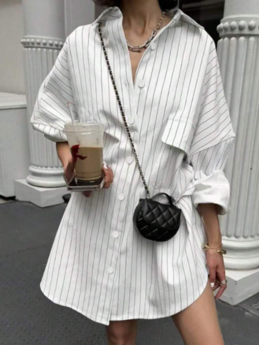 New Relaxed Vertical Striped Shirt, Oversized Mid-Length Boyfriend Style Long Sleeve Blouse For Casual Commute
